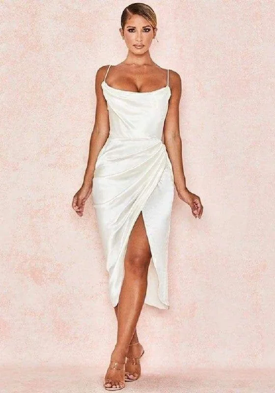 White Satin Midi Dress Comfortable Adjustable Strap Midi Dress