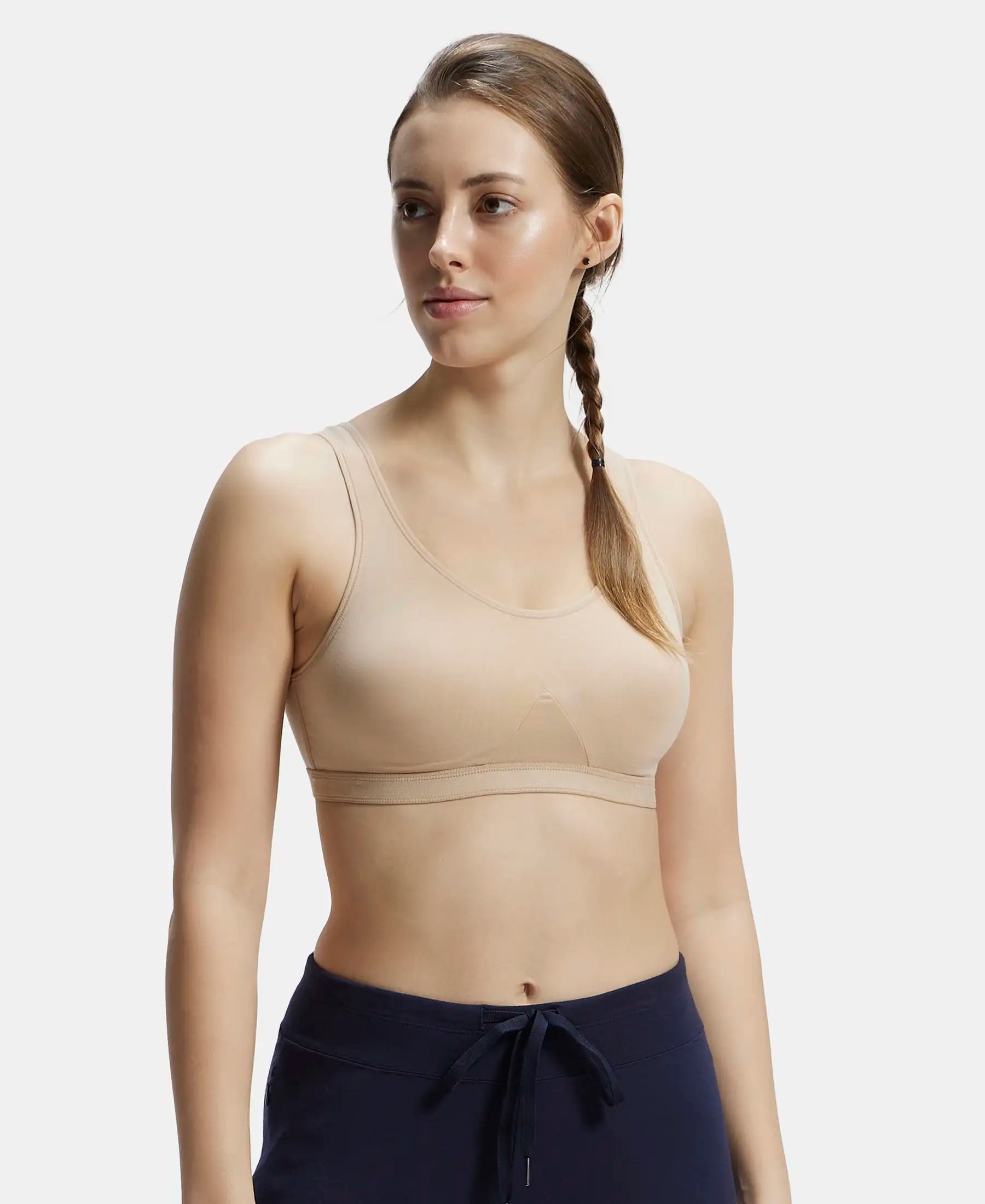 Wirefree Non Padded Super Combed Cotton Elastane Stretch Full Coverage Slip-On Active Bra with Wider Straps and Moisture Move Treatment - Skin Elegant Satin Bralette