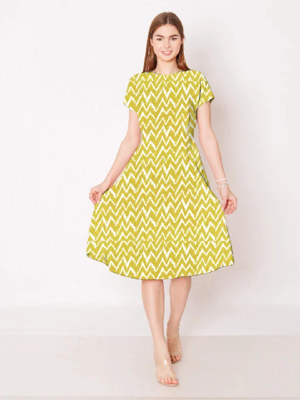 Yellow Ochre Floral Printed A-Line Midi Dress Trendy Mock Neck Midi Dress