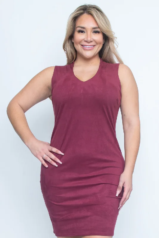 Plus Size Suede Sleeveless V Neck Midi Dress with Hidden Zip Back (Z9635) Elegant Satin Button Midi Dress