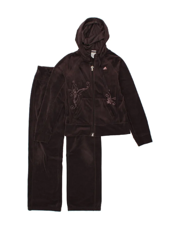 ADIDAS Womens Hooded Full Tracksuit UK 12 Medium Brown Polyester Hoodie with Hem Applique Textured Unique