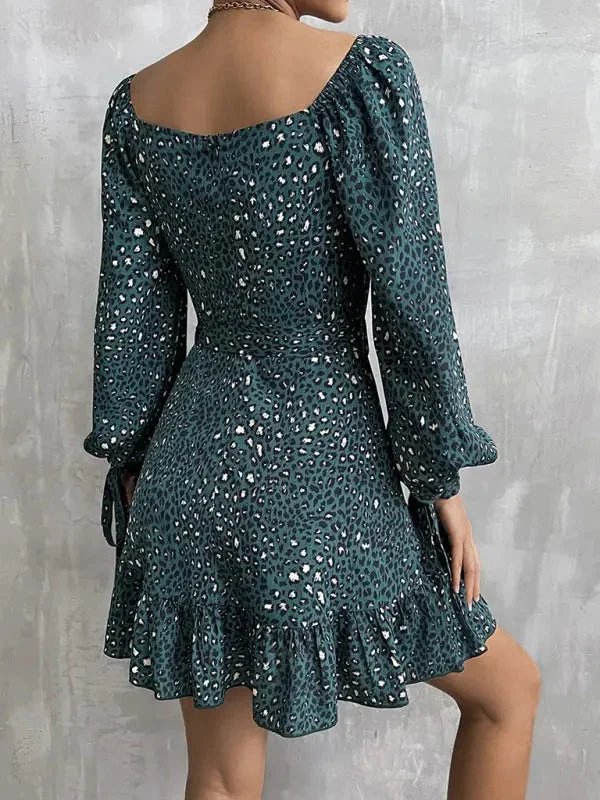 Blue Zone Planet | V-Neck Sequins Lace-Up Long-Sleeved Mini Dress Comfortable Ruffle Mini Dress