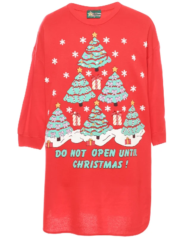 Christmas Tree Print Sweatshirt - L Hoodie with Relaxed Fit Easy Casual