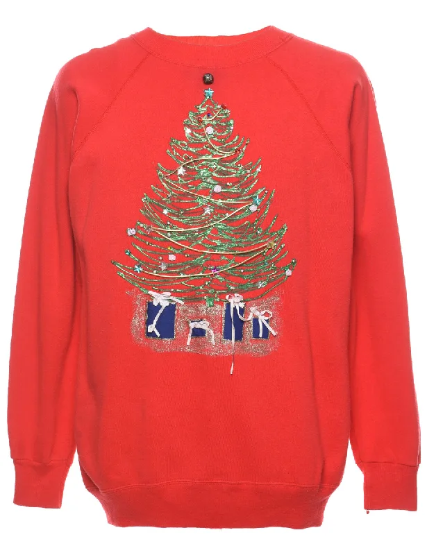 Christmas Tree Print Sweatshirt - L Hoodie with Longline Fit Extended Stylish