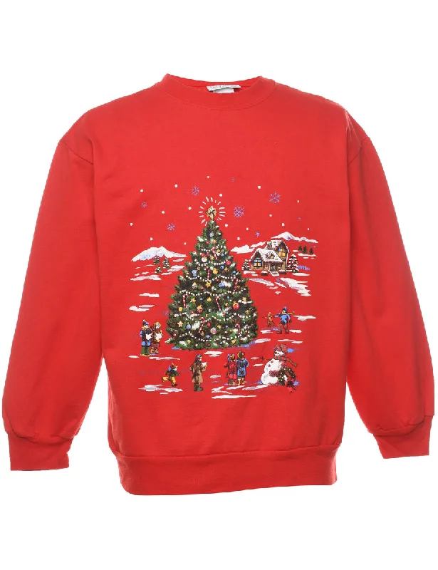 Christmas Tree Print Sweatshirt - L Hoodie with Raglan Sleeves Sporty Comfortable