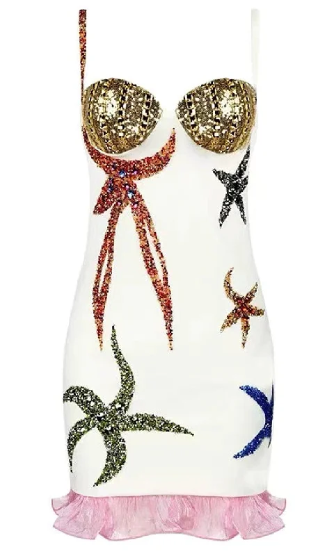 Ciao Bella <br><span>White Seashell Pattern Bandage Bodycon Casual Spaghetti Strap Sleeveless Sequin Cup Bustier White Pink Gold Multicolor Ruffle Mini Dress</span< Stylish Sweetheart Mini Dress