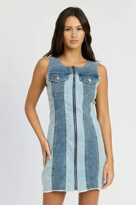 Color Block Denim Mini Dress Fashionable Lace-Trim Mini Dress