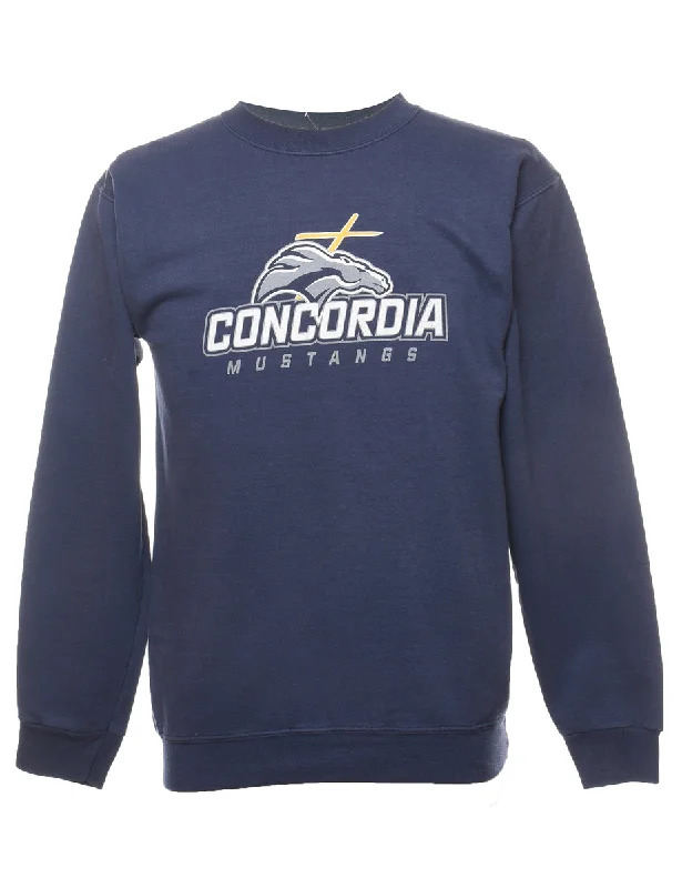 Concordia Mustangs Navy Printed Sweatshirt - S Hoodie with Hem Raw Edge Edgy Unfinished