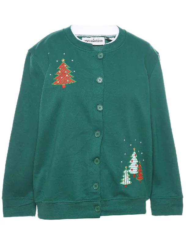 Dark Green Christmas Sweatshirt - M Hoodie with Button Classic Timeless