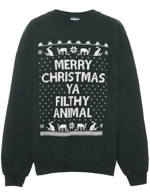 Dark Green & Off-White Printed Christmas Sweatshirt - XL Hoodie with Ribbed Cuffs Snug Fit Comfort