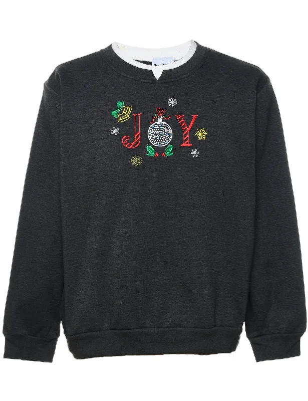 Dark Grey Embroidered Christmas Sweatshirt - L Hoodie with Hem Applique Textured Unique