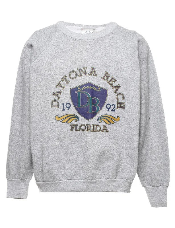 Daytona Beach Printed Light Grey Sweatshirt - L Hoodie with Puffed Sleeves Voluminous Trendy