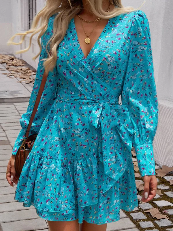 Devine Ruffled Printed Surplice Long Sleeve Mini Dress Fashionable Polka Dot Mini Dress