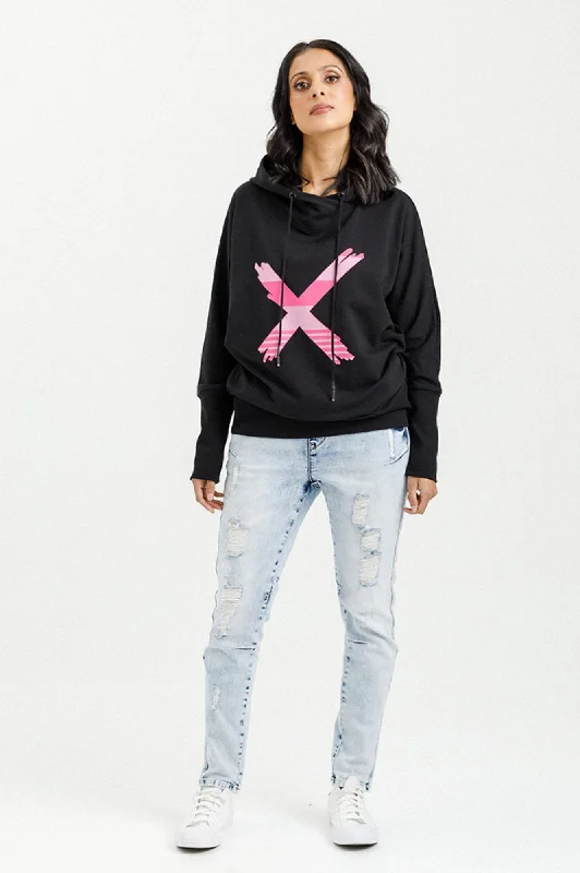 Ellen Hoodie - Black With Irregular Pink Stripe Hoodie with Toggle Buttons Decorative Unique