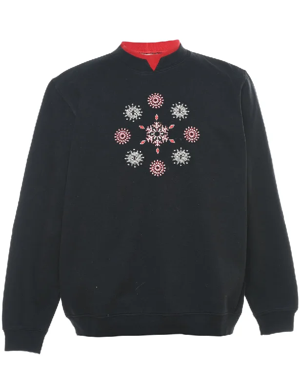 Embroidered Christmas Sweatshirt - M Hoodie with Front Slit Layering Stylish