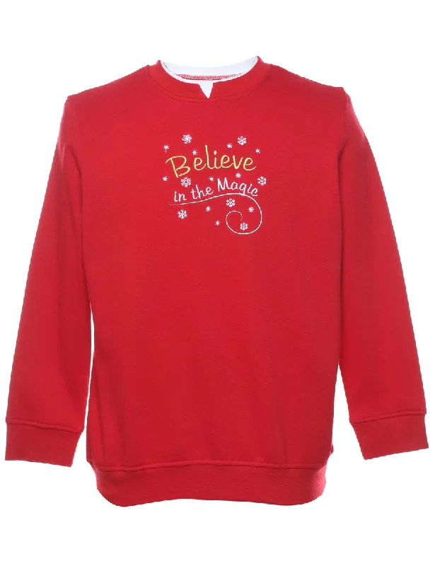 Embroidered Christmas Sweatshirt - M Hoodie with Hem Ribbing Snug Secure