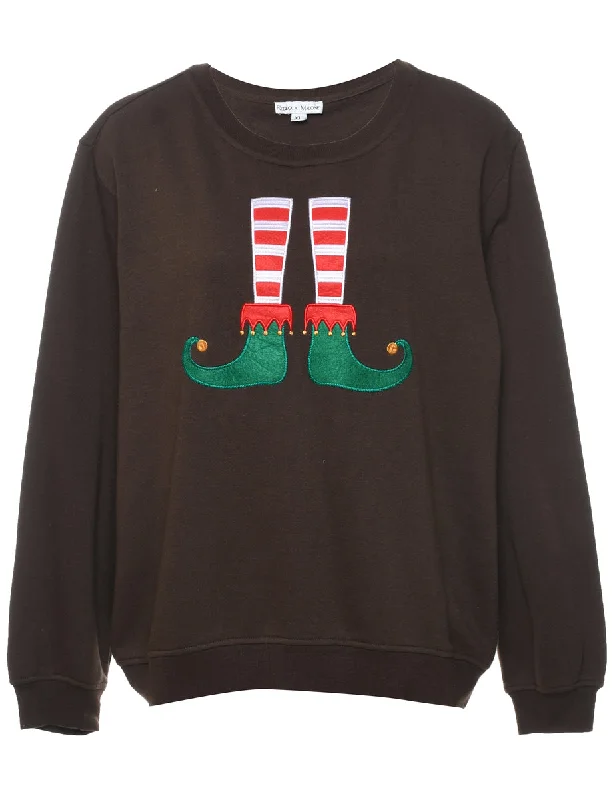 Embroidered Christmas Sweatshirt - XL Hoodie with Hem Raw Edge Edgy Unfinished