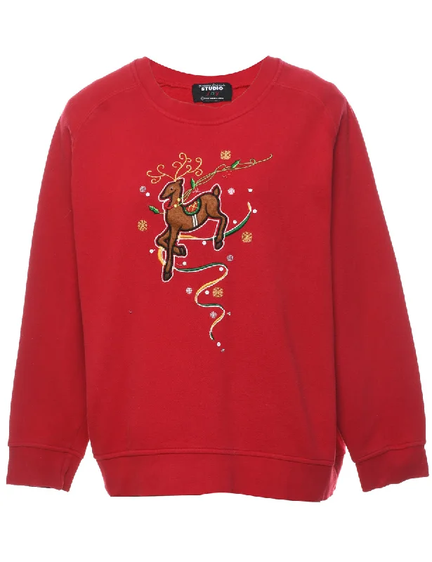 Embroidered Christmas Sweatshirt - XL Zip Hoodie Drawstring Kangaroo Pocket