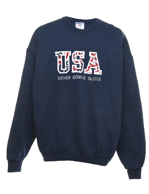 Embroidered USA Navy & Red Printed Sweatshirt - XL Hoodie with Ribbed Cuffs Snug Fit Comfort