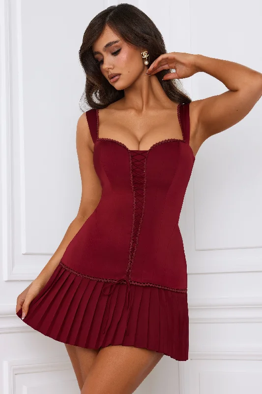 Bow-Detail Lace-Up Corset Mini Dress in Berry Red Fashionable A-Line Mini Dress