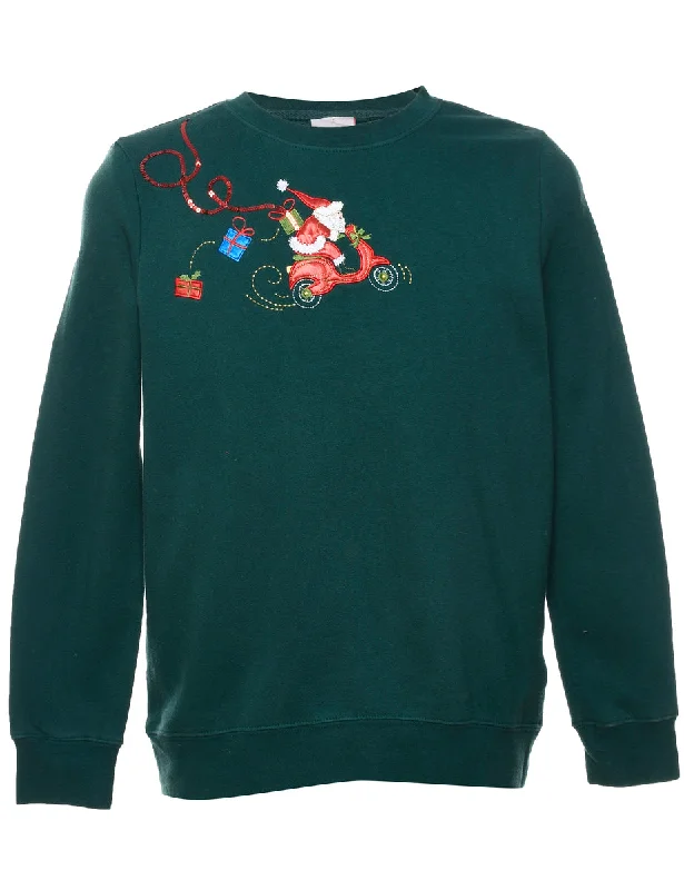 Festive Gifts Design Dark Green Embroidered Christmas Sweatshirt - M Hoodie with Slim Fit Tailored Modern