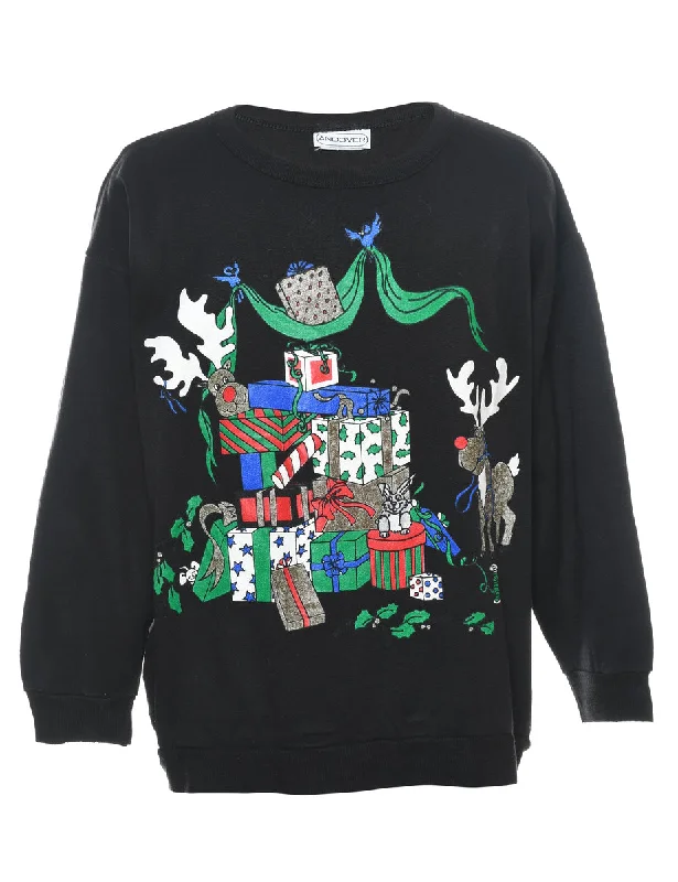 Festive Print Christmas Sweatshirt - L Hoodie with Hem Applique Textured Unique