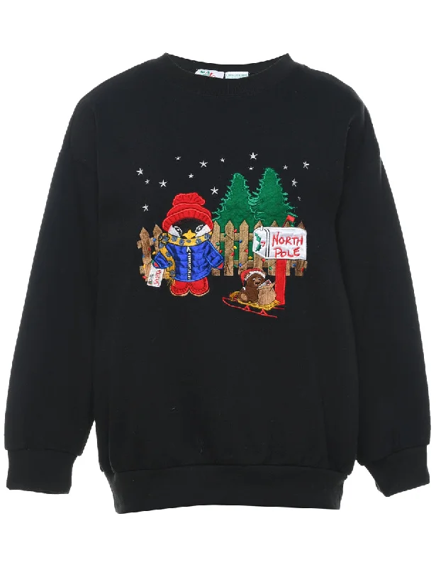 Festive Print Christmas Sweatshirt - L Hoodie with Hem Raw Edge Edgy Unfinished