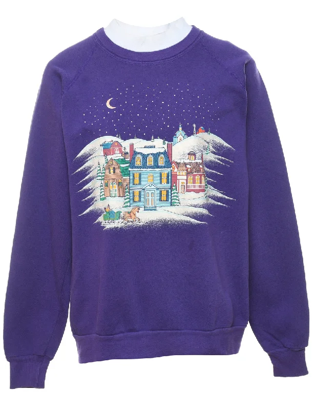 Festive Print Christmas Sweatshirt - M Hoodie with Button Classic Timeless