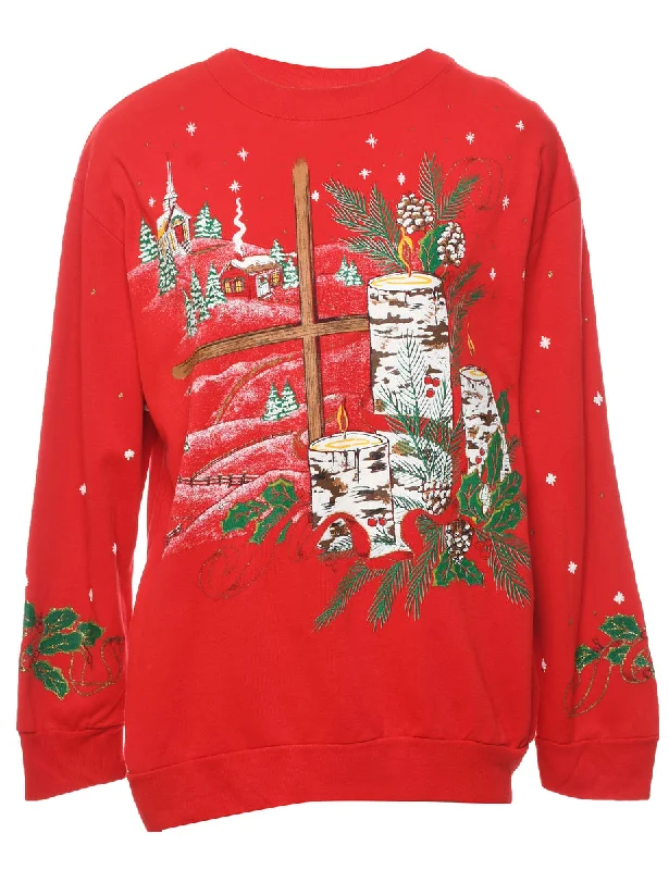 Festive Print Christmas Sweatshirt - M Hoodie with Ribbed Cuffs Snug Fit Comfort