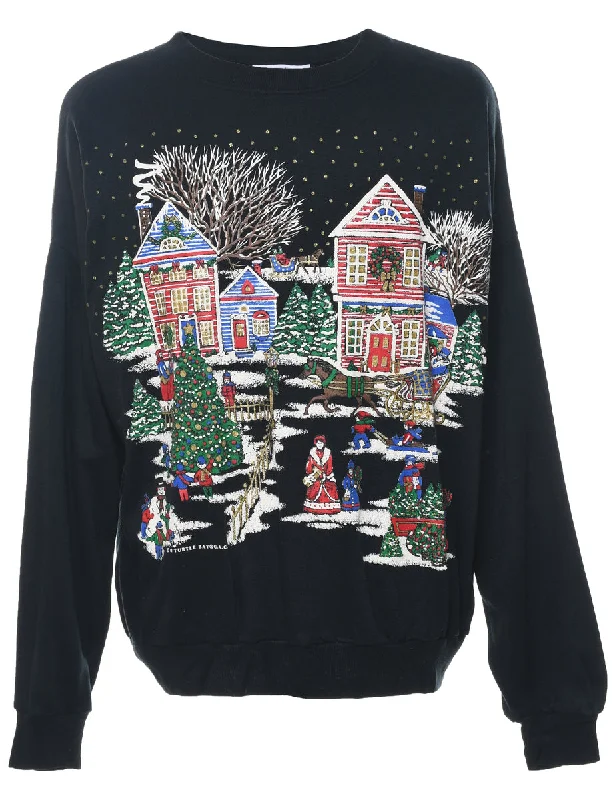 Festive Season Design Black Christmas Sweatshirt - XL Hoodie with Hem Applique Textured Unique