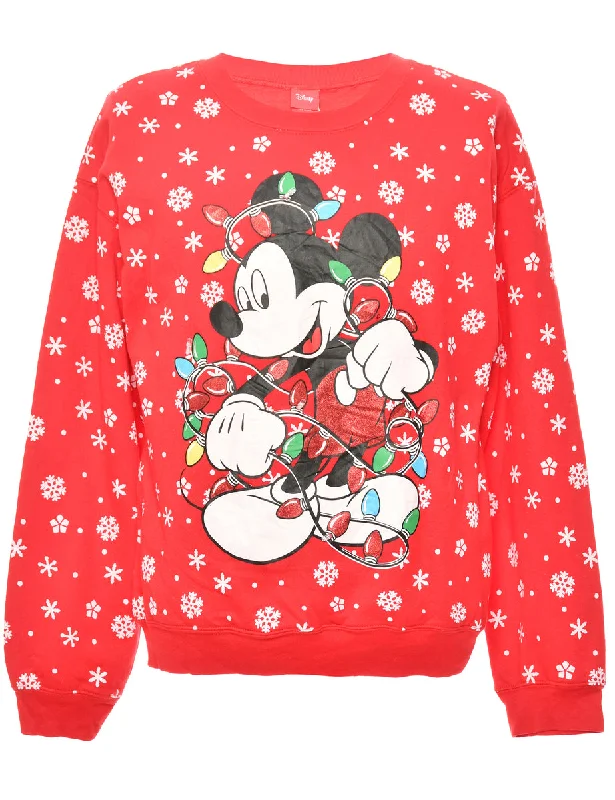 Festive Season Disney Mickey Mouse Christmas Sweatshirt - L Zip Hoodie Drawstring Kangaroo Pocket