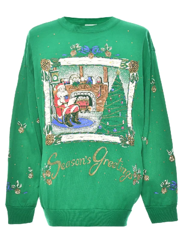 Festive Season Green Christmas Sweatshirt - M Hoodie with Pocket Utility Practical