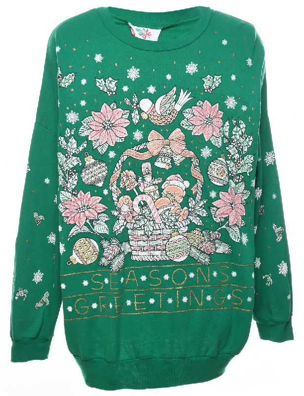 Festive Season Green Printed Christmas Sweatshirt - L Hoodie with Print Artistic Unique