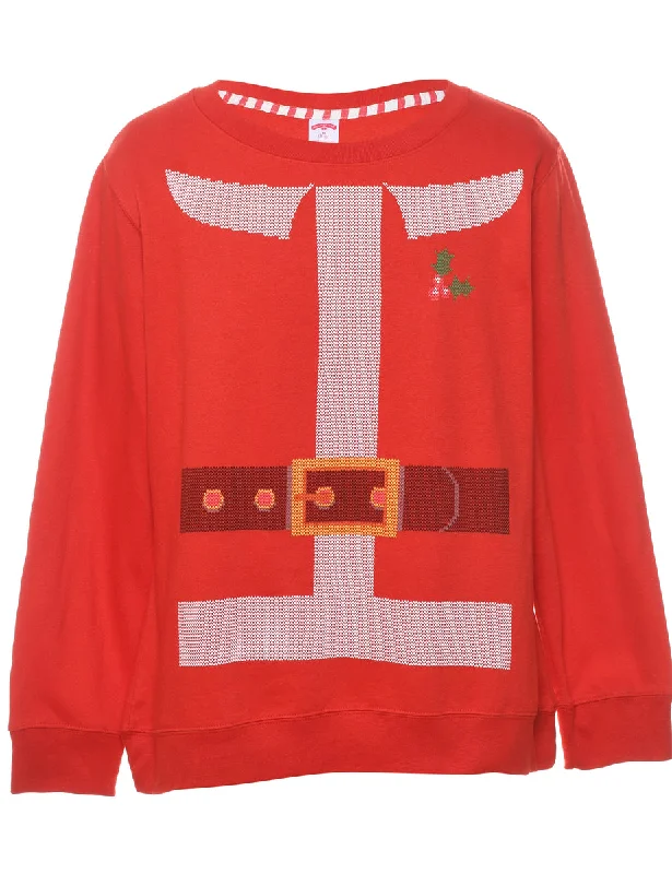 Festive Season Red Santa Design Christmas Sweatshirt - M Hoodie with Rhinestones Sparkly Elegant