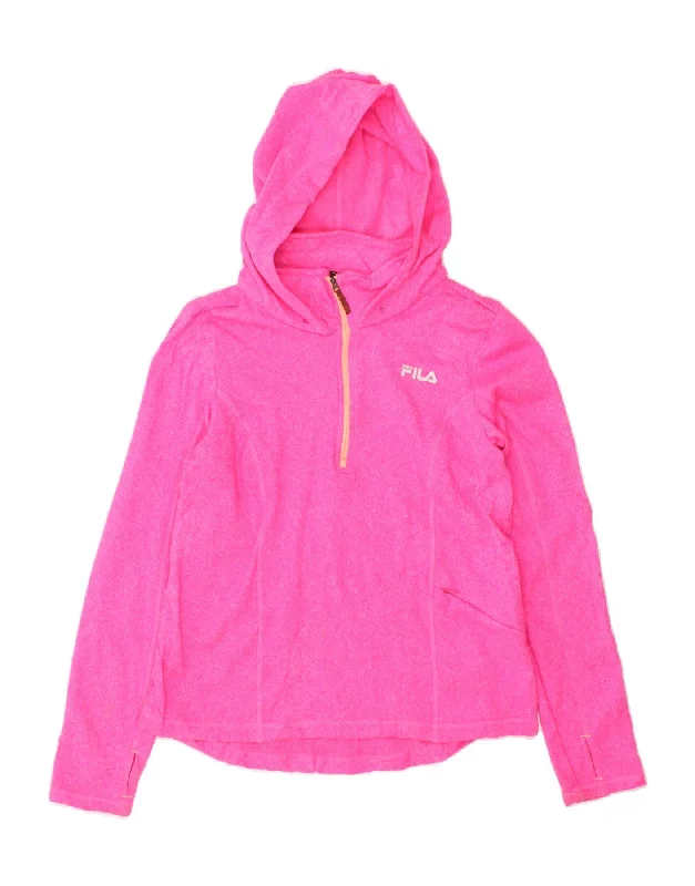 FILA Womens Hooded Top Long Sleeve UK 14 Medium Pink Polyester Hoodie with Hem Fringe Bohemian Relaxed