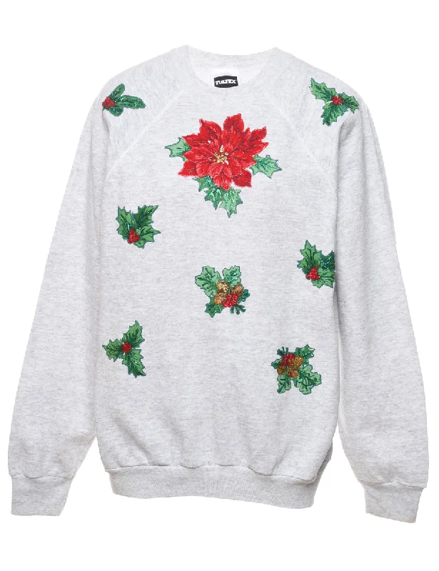 Floral Christmas Sweatshirt - L Hoodie with Print Artistic Unique