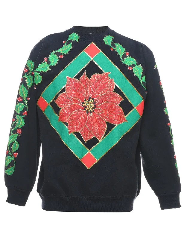 Floral Christmas Sweatshirt - L Hoodie with Pocket Utility Practical