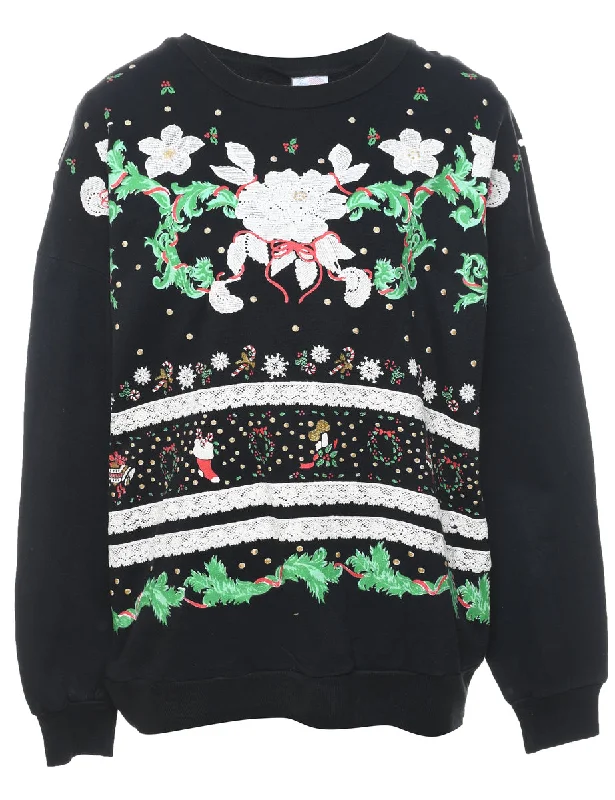 Floral Christmas Sweatshirt - L Hoodie with Zipper Versatile Modern