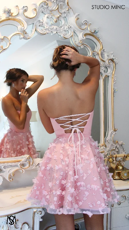 FLORENCE - Pastel Pink Mini Dress with Strapless Corset & 3D flowers Comfortable Wrap Mini Dress