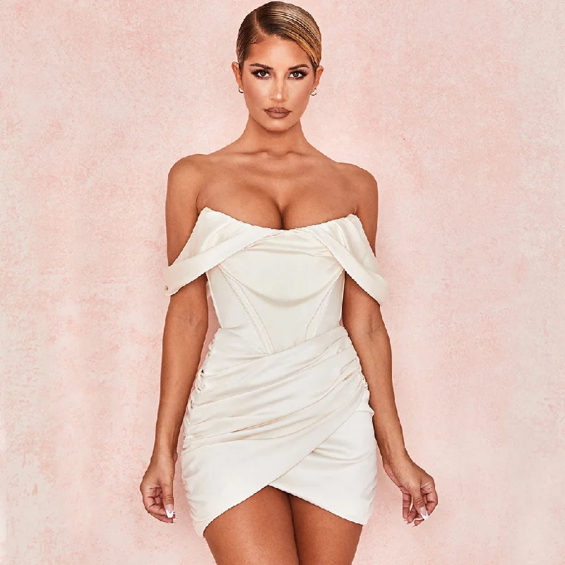 Glossy Satin Draped Off Shoulder Ruched Corset Mini Dress - White Elegant Velvet Mini Dress