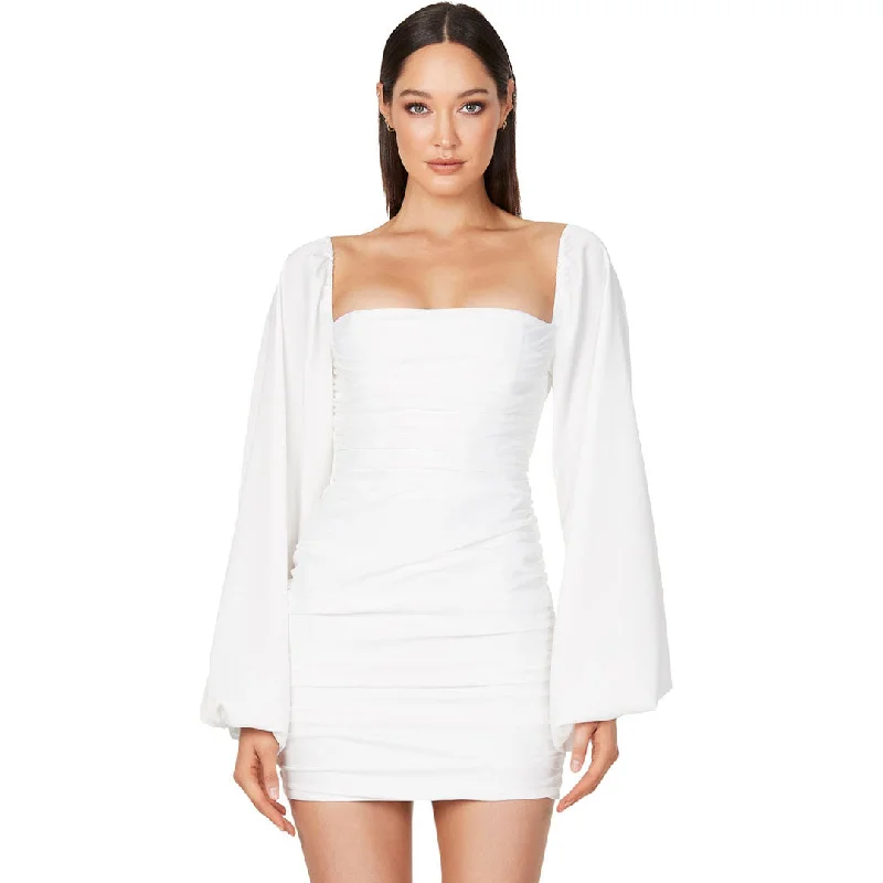 Glossy Satin Square Neck Bishop Sleeve Ruched Bodycon Mini Dress - White Cozy A-Line Mini Dress