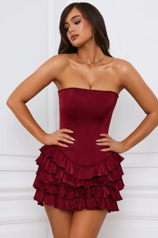 Bandeau Ruffled Tiered Corset Mini Dress in Berry Red Fashionable Mini Dress with Slits