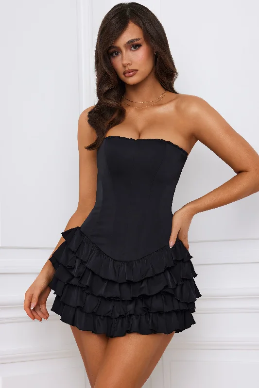 Bandeau Ruffled Tiered Corset Mini Dress in Black Fashionable Lace-Trim Mini Dress