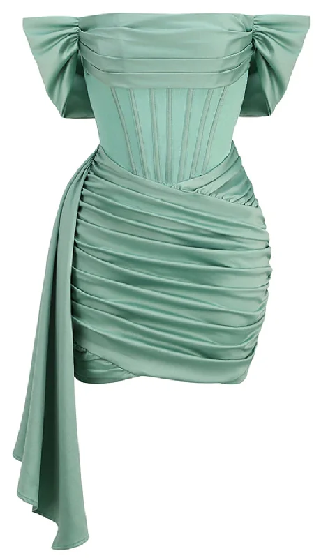 Live In The Moment Green Velvet Sheer Mesh Bustier Draped Cap Sleeve Scoop Neck Ruched Bodycon Mini Dress Chic Sleeveless Mini Dress