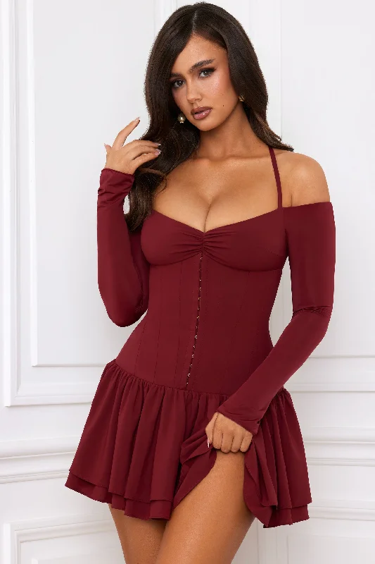 Off-Shoulder Tiered Corset Mini Dress in Berry Red Comfortable Shift Mini Dress