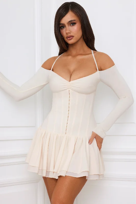 Off-Shoulder Tiered Corset Mini Dress in Ivory Chic Tropical Mini Dress