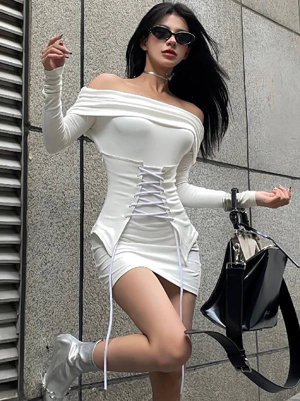 Marinda Solid Color White Long Sleeve Off-the-Shoulder Slim Mini Dress + Lace Up Under Bust Corset Chic Puff Sleeve Mini Dress