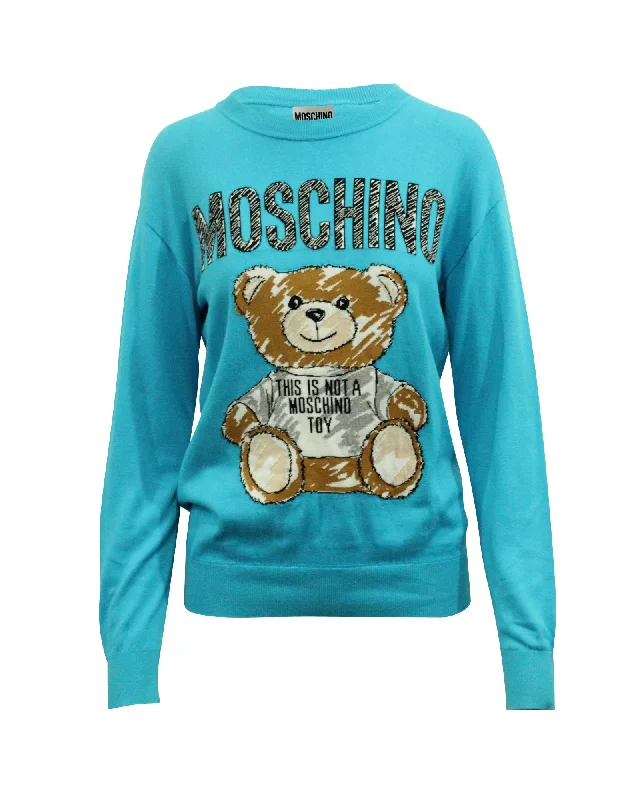 Moschino Teddy Bear Sweatshirt in Blue Cotton Hoodie with Camouflage Military Edgy