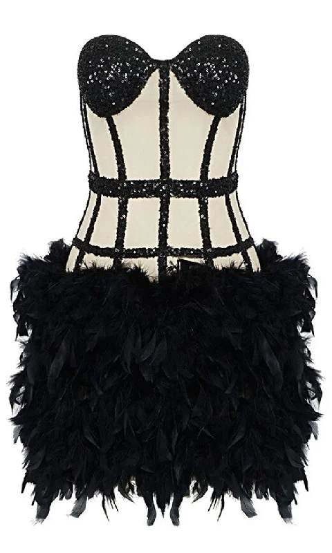 No Fear <br><span>Black Sheer Mesh Sequin Feather Strapless Bustier Bodycon Mini Dress</span> Trendy Bodycon Mini Dress