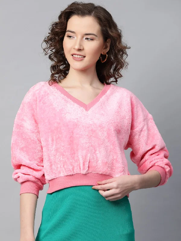 Pink V-Neck Faux Fur Crop Sweatshirt Hoodie with Applique Textured Unique